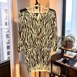 H&M XS, long beige and dark brown tiger thin sweater with leather shoulders.